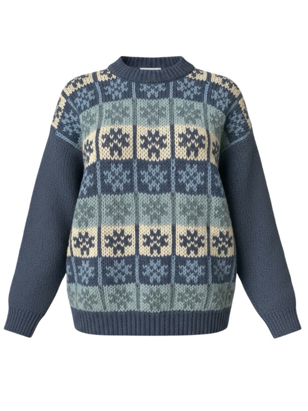 NEEDLES & YARN Roll Neck Sweater Vintage Fair Isle Blue Cream Pattern Large